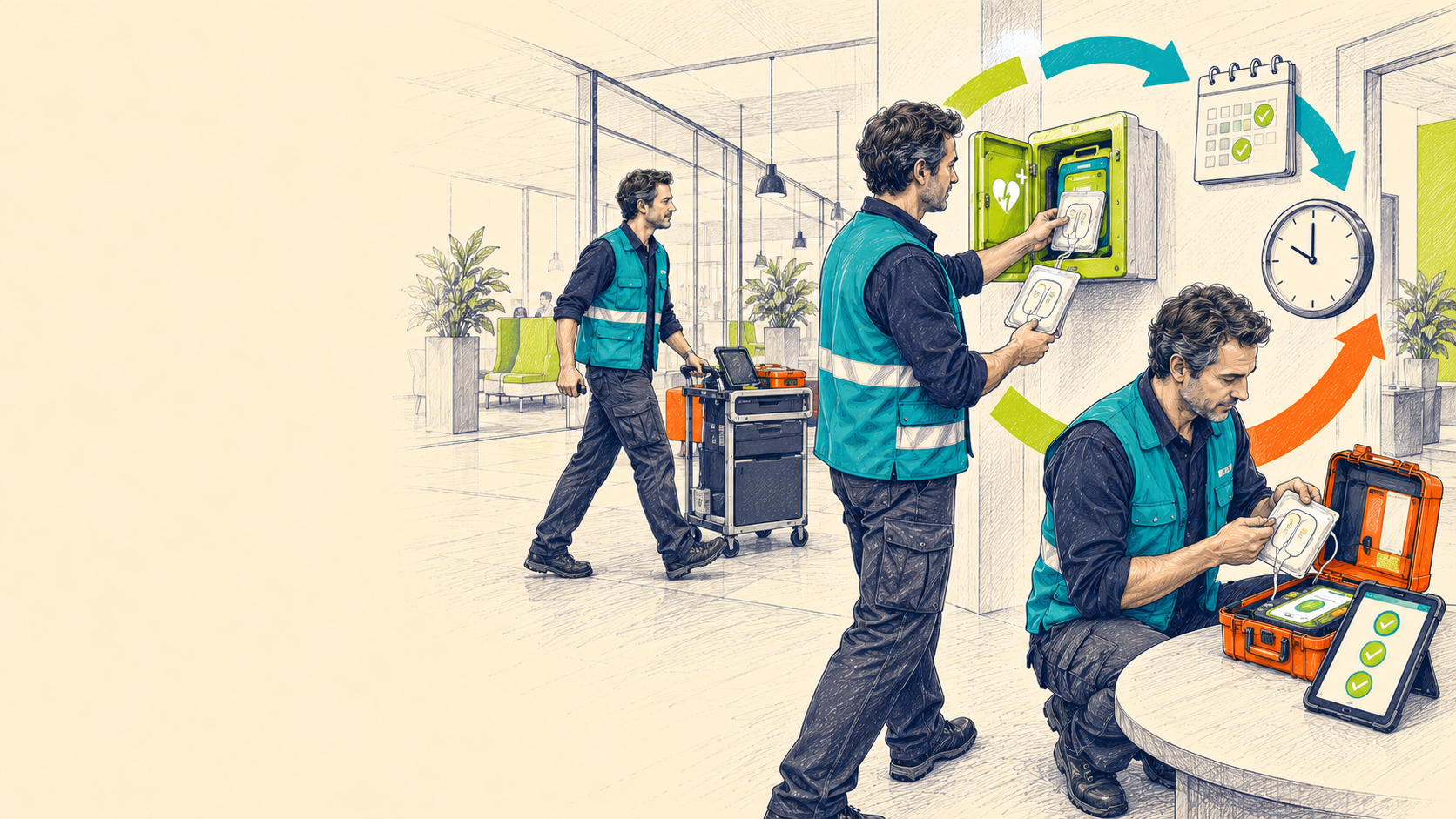 Techniker prüft und wartet eine AED-Wandstation nach klarem Rhythmus
