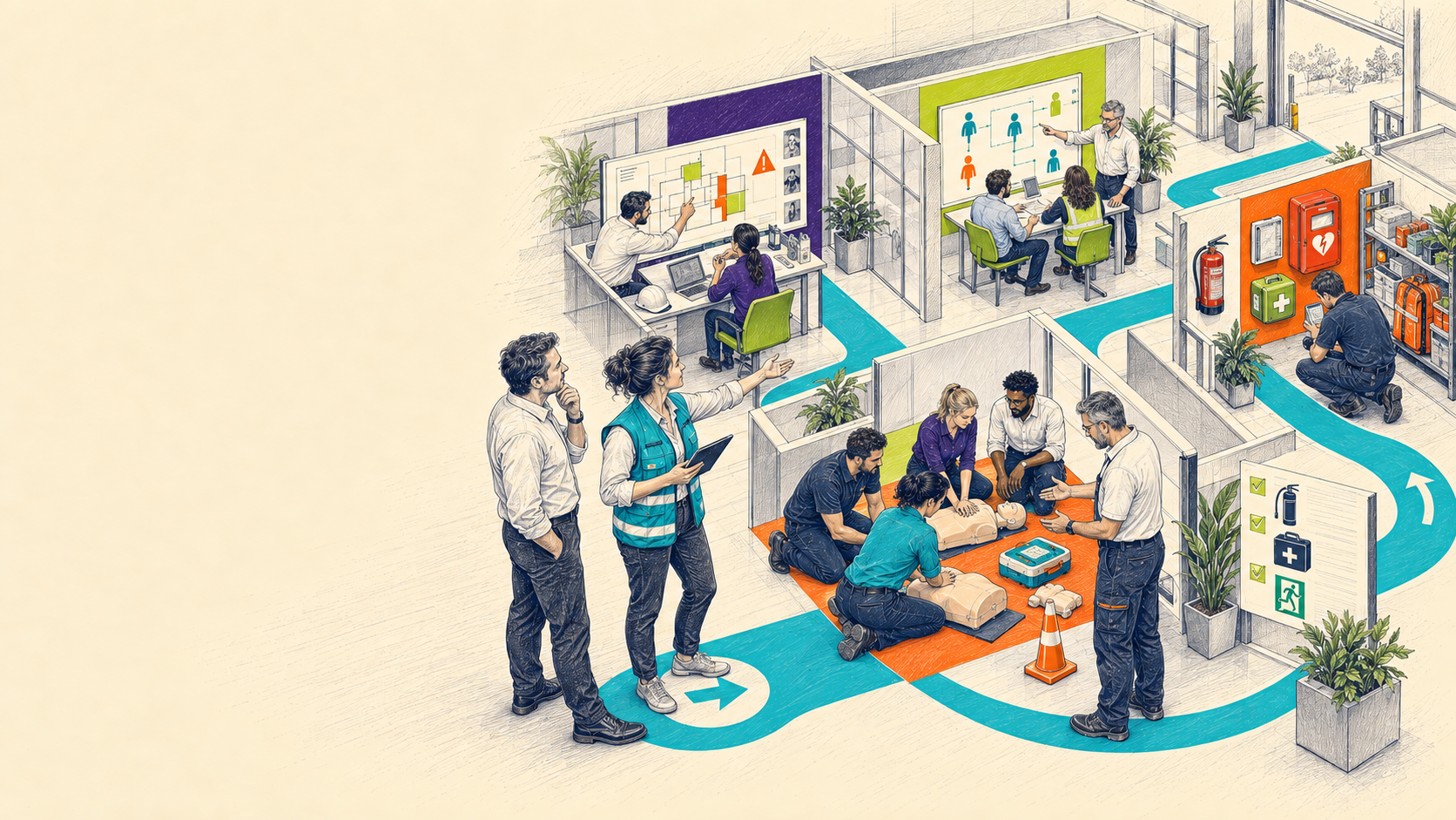 Vernetzte Bereiche eines Betriebs: Organisation, Ausbildung und Material greifen als ein System ineinander