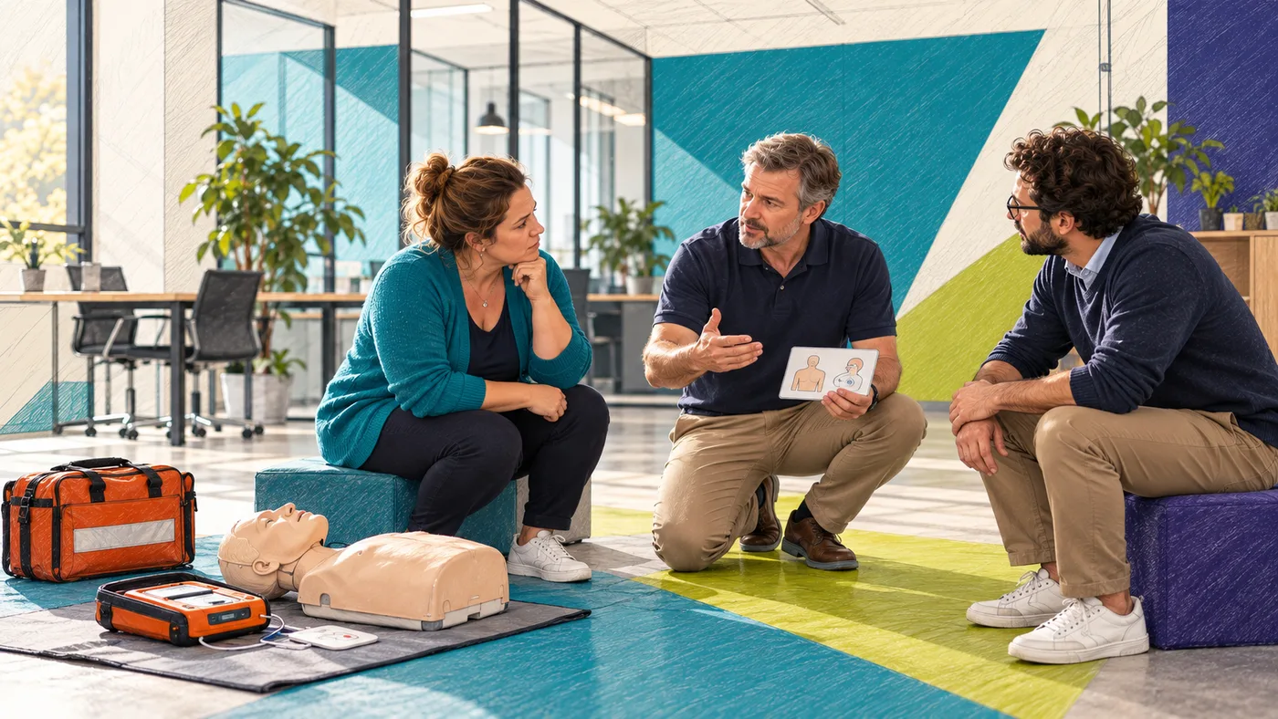 Drei Personen besprechen nach einer praktischen Übung, was sie gelernt haben.