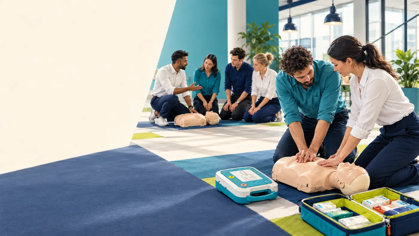 Teilnehmende üben die Herzdruckmassage an einer Übungspuppe; daneben liegen AED und Notfallmaterial, im Hintergrund schaut eine Gruppe zu.
