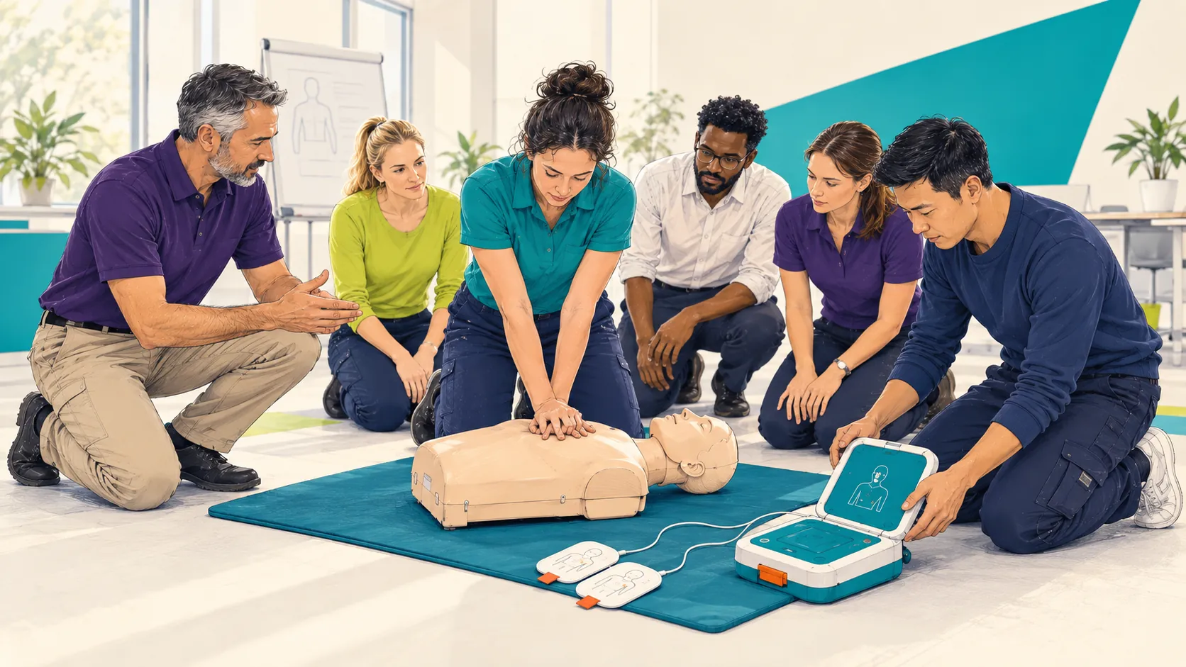 Eine Gruppe übt unter Anleitung eines Instruktors die Reanimation an einer Übungspuppe mit AED in einem hellen Schulungsraum.